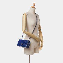 Pre Owned Chanel Blue Mini Rectangular Classic Chevron Patent Single Flap