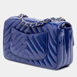 Pre Owned Chanel Blue Mini Rectangular Classic Chevron Patent Single Flap
