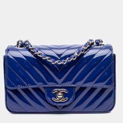Pre Owned Chanel Blue Mini Rectangular Classic Chevron Patent Single Flap