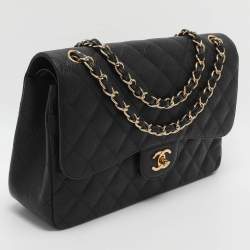 مملوكة م سبقًا Chanel Classic Double Flap Large Black Caviar Leather Shoulder Bag