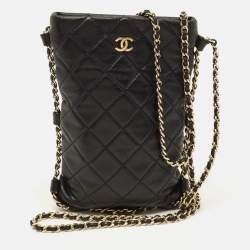 Pre Owned Chanel Chain Around Phone Black Quilted Leather Crossbody Bag