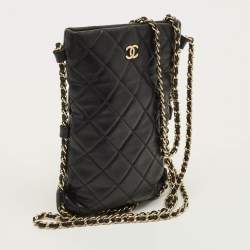 Pre Owned Chanel Chain Around Phone Black Quilted Leather Crossbody Bag