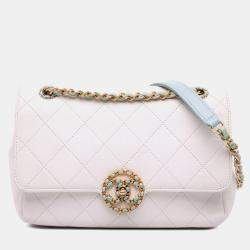 Pre Owned Chanel Blue White CC Quilted Calfskin Single Flap