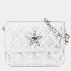 Pre Owned Chanel Silver Metallic Lambskin Crystal Star Chain Belt Bag