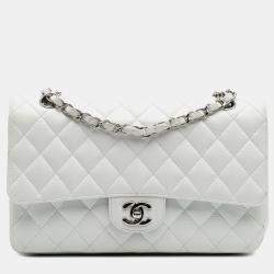 Pre Owned Chanel White Medium Classic Caviar Double Flap