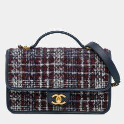 Pre Owned Chanel Blue Small Tweed School Memory Top Handle Flap