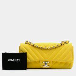 Pre Owned Chanel Yellow Chevron Jersey East West Flap