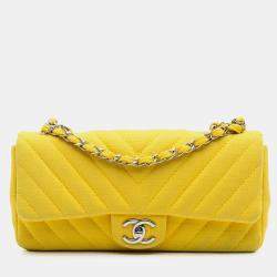 Pre Owned Chanel Yellow Chevron Jersey East West Flap