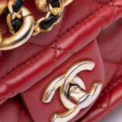 Pre Owned Chanel Red Small Quilted Lambskin Chain Link Flap