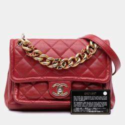 Pre Owned Chanel Red Small Quilted Lambskin Chain Link Flap