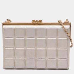 Pre Owned Chanel Gold Chocolate Bar Metallic Lambskin Frame Clutch with Chain