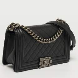 Pre Owned Chanel Boy Medium Black Quilted Caviar Leather Flap Bag