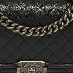 Pre Owned Chanel Boy Medium Black Quilted Caviar Leather Flap Bag