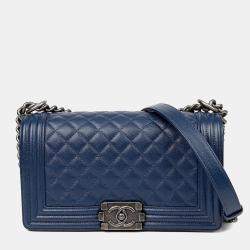 مملوكة مسبقًا Chanel Caviar Boy Medium Blue Leather Shoulder Bag