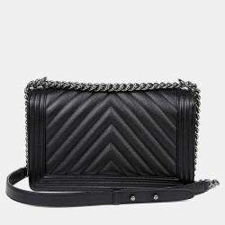 Pre Owned Chanel Caviar Boy Large Black Leather Shoulder Bag