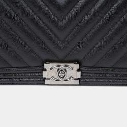 Pre Owned Chanel Caviar Boy Large Black Leather Shoulder Bag