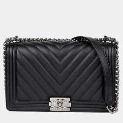 Pre Owned Chanel Caviar Boy Large Black Leather Shoulder Bag