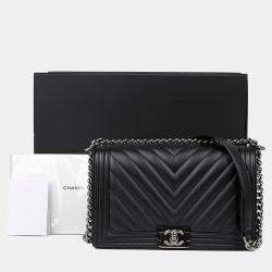 Pre Owned Chanel Caviar Boy Large Black Leather Shoulder Bag