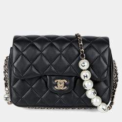 Pre Owned Chanel Pearl Logo Fantasy Flap Black Leather Shoulder Bag
