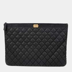 مملوكة مسبقًا حقيبة كلاتش شانيل بوي كبيرة جلد كافيار أسود