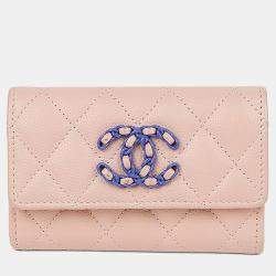 Pre Owned حامل بطاقات قابل للطي جلد كافيار وردي شانيل 19