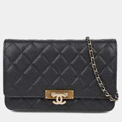 Pre Owned حقيبة شانيل كروس بودي جلد الكافيار الأسود الذهبي كلاس