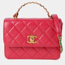 Pre Owned Chanel Mini Pink Leather Top Handle Flap Bag
