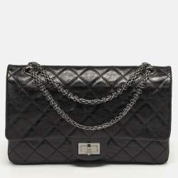 Pre Owned Chanel 2.55 Reissue 227 Black Quilted Glazed Aged Leather Flap Bag