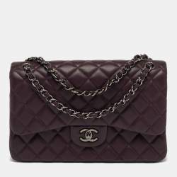 Pre Owned Chanel Classic Double Flap Jumbo Plum Quilted Leather Shoulder Bag