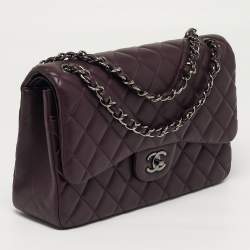 Pre Owned Chanel Classic Double Flap Jumbo Plum Quilted Leather Shoulder Bag