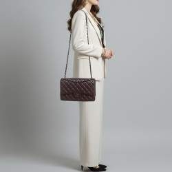 Pre Owned Chanel Classic Double Flap Jumbo Plum Quilted Leather Shoulder Bag