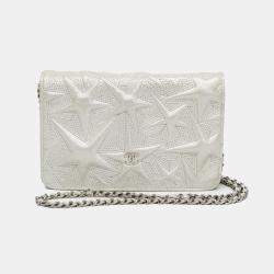Pre Owned Chanel Star Emboss Lambskin Chain/Shoulder Wallet Silver