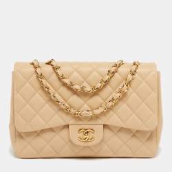 Pre Owned Chanel Classic Single Flap Jumbo Beige Quilted Leather Shoulder Bag