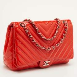 Pre Owned حقيبة شانيل كتف جلد لامع شيفرون برتقالي قلاب فردي جامبو كلاسيكية