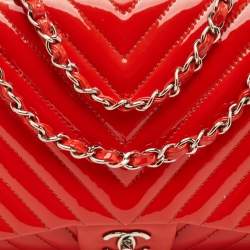 Pre Owned حقيبة شانيل كتف جلد لامع شيفرون برتقالي قلاب فردي جامبو كلاسيكية