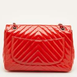 Pre Owned حقيبة شانيل كتف جلد لامع شيفرون برتقالي قلاب فردي جامبو كلاسيكية