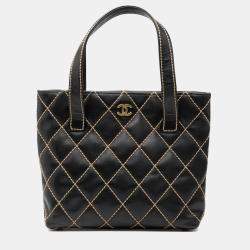 Pre Owned Chanel Black Small CC Quilted Calfskin Wild Stitch Tote