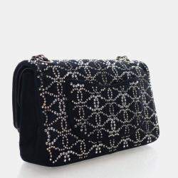 Pre Owned حقيبة شانيل كلاسيك قلاب مزدوج مخمل أسود مرصعة بالكريستال وحجم متوسط