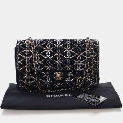 Pre Owned حقيبة شانيل كلاسيك قلاب مزدوج مخمل أسود مرصعة بالكريستال وحجم متوسط