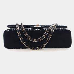 Pre Owned حقيبة شانيل كلاسيك قلاب مزدوج مخمل أسود مرصعة بالكريستال وحجم متوسط