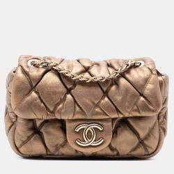 Pre Owned Chanel Brown CC Lambskin Bubble Quilt Flap