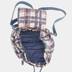 Pre Owned حقيبة ظهر شانيل سي سي لوجو طبعة تويد زرقاء متعددة الألوان نايلون جلد