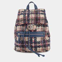 Pre Owned Chanel Cc Logo Tweed Print Backpack Blue/Multicolor Nylon Leather