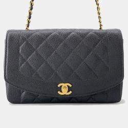 Pre Owned حقيبة كتف سلسلة جلد كافيار أسود مقاس 25 شانيل ديانا