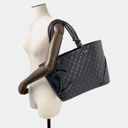 Pre Owned Chanel Cambon Line Tote Bag Black Lambskin Size Large