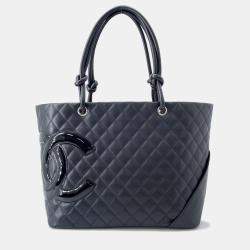 Pre Owned Chanel Cambon Line Tote Bag Black Lambskin Size Large