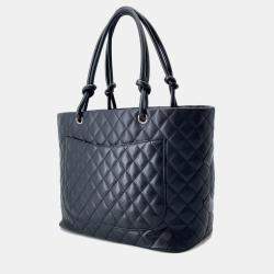 Pre Owned Chanel Cambon Line Tote Bag Black Lambskin Size Large