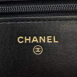 Pre Owned Chanel Pearl Chain Wallet Black Lambskin