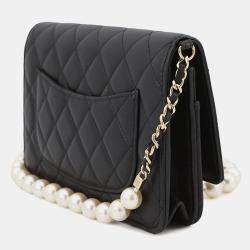 Pre Owned Chanel Pearl Chain Wallet Black Lambskin