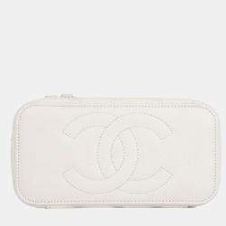 Pre Owned Chanel White Small Quilted Caviar Coco Casino Vanity Case